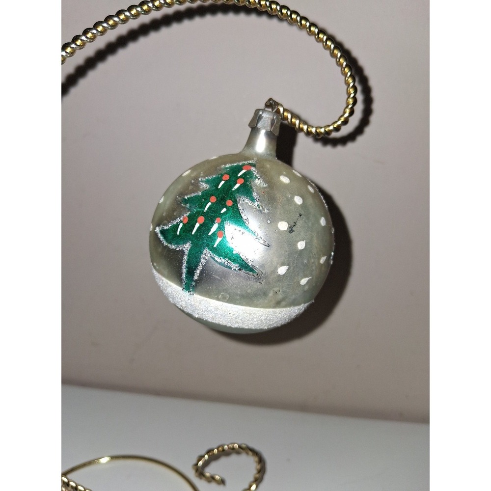 Vintage Europen Silver Glass Christmas Ornament 3" Hand Painted Tree Mica
